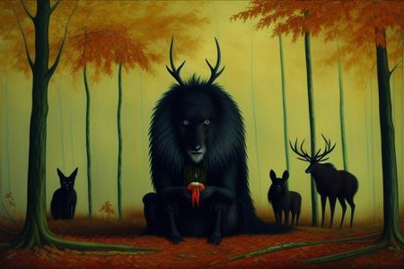 <lora:lostgirls:1>, lostgirls, a painting of  a scary forest , weird animals