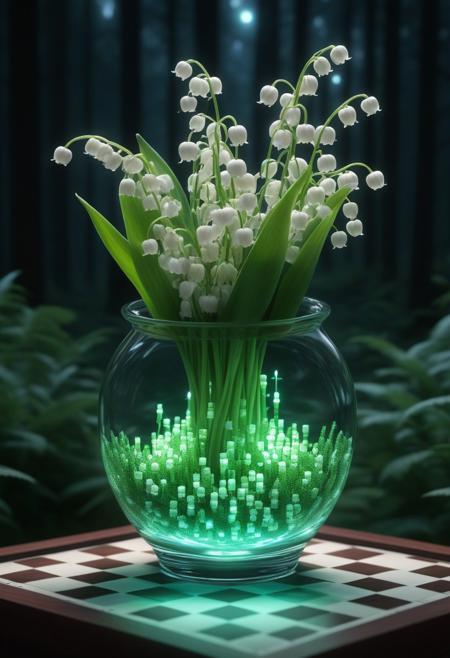 Lily of the valley flowers in a beautiful glass vase in a beautiful forest at night including digital circuit elements, 
aims to appeal to a younger audience, 
Chessboard subtly transforms into a city landscape, 
dynamic, 
youth-oriented, 
hip hop aesthetic, 
futuristic fonts, 
Ultra clear.