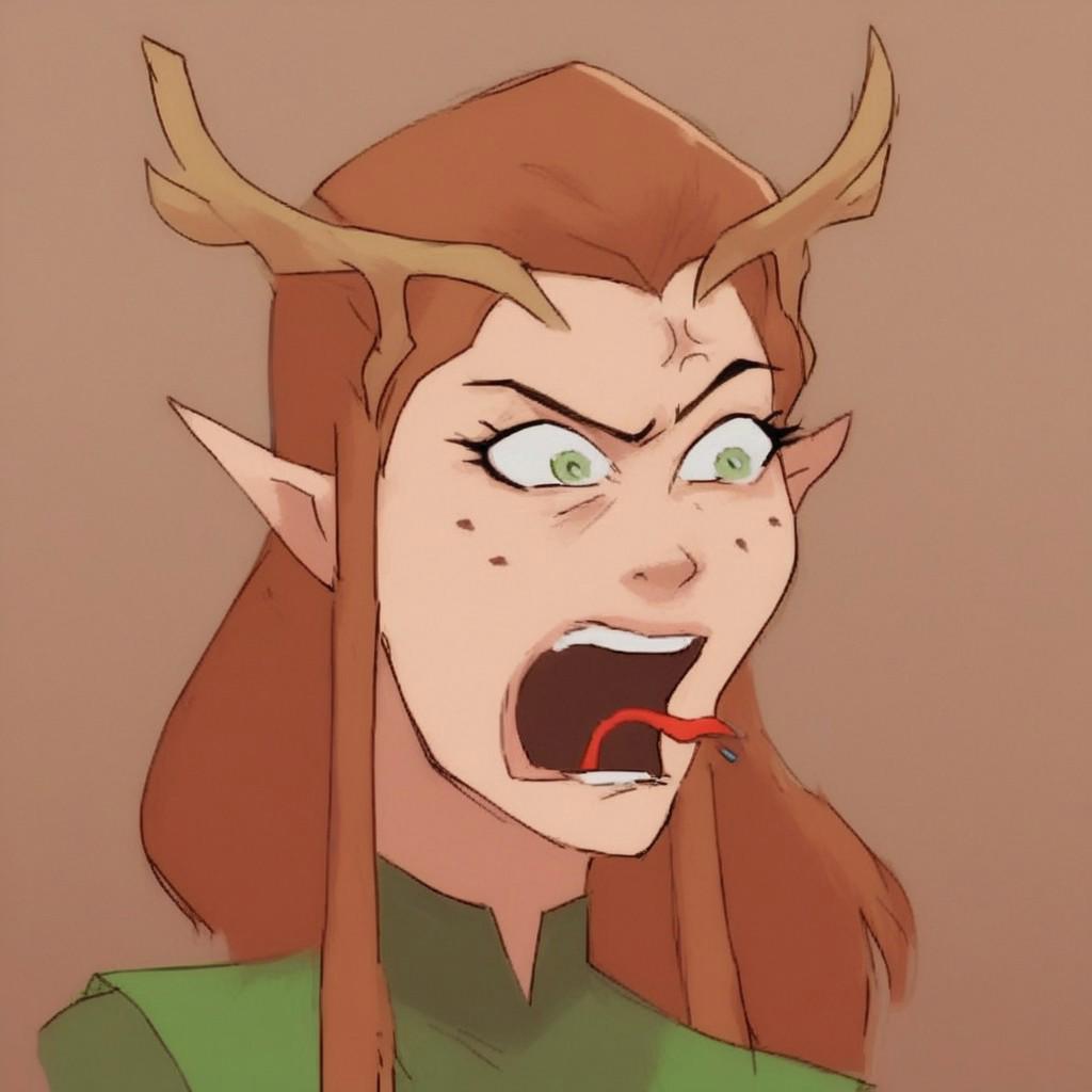 score_9, score_8_up, score_7_up, 1 girl, solo female, female focus, solo focus, keyleth, long hair, brown hair, green eyes, pointy ears, elf, antlers, freckles, PepeREEEEEEEEEEEEE, Enragedpepe, solo, tongue, open mouth, anger vein, angry, tongue out