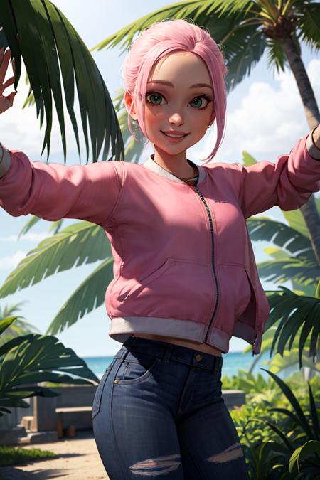 ((masterpiece,best quality)), absurdres,
<lora:Brooklynn_Jurassic_Park:0.5>, Brooklynn_Jurassic_Park,  pink jacket, torn jeans, 
solo, smiling, looking at viewer, cowboy shot, 
tropical background, cinematic composition, dynamic pose,