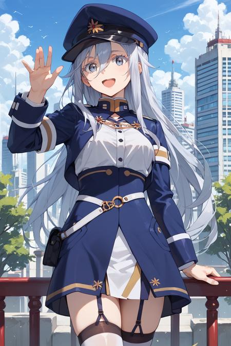 vladilenamilize, very long hair, grey eyes, hair between eyes, bangs, grey hair, ahoge, white eyelashes blue military uniform, garter straps, white thighhighs, high-waist skirt, shirt, long sleeves, cropped jacket, zettai ryouiki, peaked cap, black military uniform, garter straps, thighhighs, high-waist skirt, shirt, long sleeves, cropped jacket, zettai ryouiki, peaked cap, red hair, multicolored hair, streaked hair low-cut dress, black dress, head flower, choker, cleavage, hair ornament, elbow gloves, lipstick,  86bg, flower field, cloudy sky, petals, spider lily,, blue sky, blurry