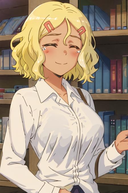 best quality, masterpiece, highres, solo, {sakura_donttoywithmemissnagatoro:1.15}, blonde_hair, hair_ornament, hairclip, short_hair, brown_eyes, smile, dark_skin, closed_mouth, 1girl, closed_eyes, shirt, upper_body, white_shirt, long_sleeves, tears