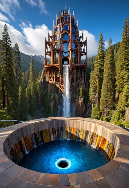 (masterpiece:1.5), (score_9, auto1111), extreme quality, reflections, surface reflections, ((no humans, no people)), a spectrum of iridescent colors, precise, fractal design, flowing curves, precision, striking visuals, sharp focus, detailed background, light reflections, architecture of boundless opportunities, (an enormous titanium Fractal observatory sitting on top of an enormous Stone basin), a enormous titanium Fractal observatory sitting on top of an enormous Stone basin at the rim of a enormous redwood forest, mountains in the background, enormous redwood trees, (a flowing stream with a waterfall), realistic, photorealistic, blue sky, fluffy clouds, flowing water, fluid architecture, multicolored flowers, luminescent water, sharp background details, detailed enormous titanium Fractal observatory, polished titanium, polished Stone, fluffy clouds, mist, ground fog, detailed landscape, landscaping of boundless opportunities, dynamic shaders, vibrant colors, Fractal architecture,