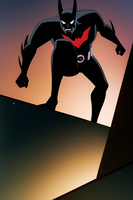 Masterpiece, best quality, ultra-detailed, 
Batman-Beyond, crouching, angry, looking down, on rooftop, , neon lights, solo, male focus,
 <lora:Batman_Beyond-20:0.9>