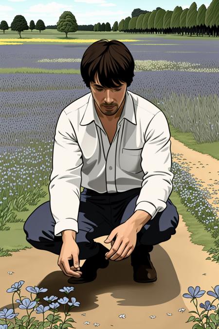 cell shading, drawing, a man kneeling down in a field of blue flowers , solo, shirt, long sleeves, 1boy, white shirt, flower, male focus, outdoors, pants, squatting, nature, blue flower,  brown pants,