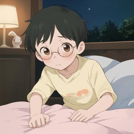 ((masterpiece)), best quality, 1boy, Uchida, upper body,  beautiful bedroom setting, (pajamas:1.2), blush, night time, <lora:Uchida#38-000014:0.9>