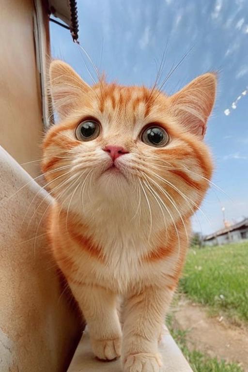 A cute orange and white kitten with big eyes looking up.