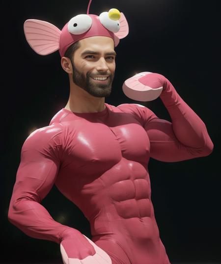 gigachad, anglerfish costume, (pink bodysuit:1.2), pink headwear, dancing, solo, upper body, grin, 1boy, black background, muscular male
<lora:anglerfish-000009r:1> <lora:Gigachadv1:0.75>