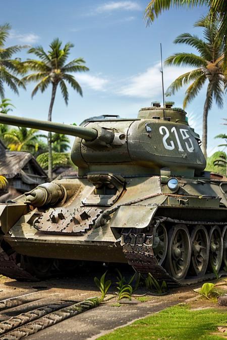 Tank t34 standing near bungalow, (tropical island background), shooting, day time, High Detail, Sharp focus, ((photorealism)), realistic, best quality, 8k, side view, sun in the sky