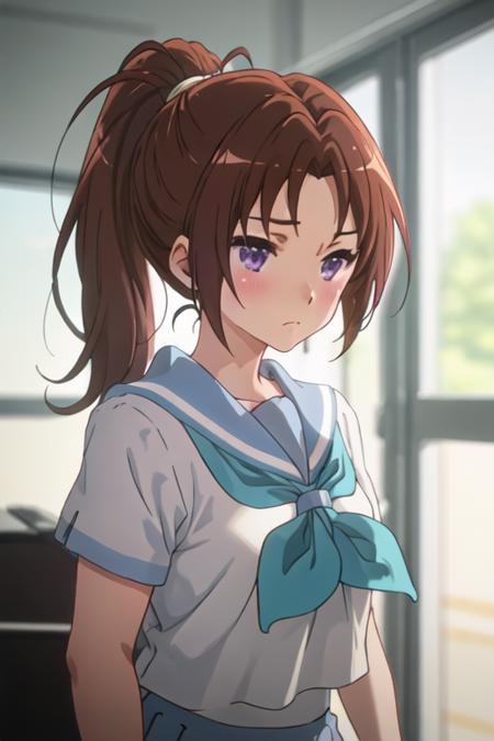 best quality, masterpiece, highres, solo, {nakagawa_natsuki_soundeuphonium:1.15}, brown_hair, ponytail, long_hair, purple_eyes, blush, serafuku, closed_mouth, indoors, bangs, 1girl, shirt, white_shirt, short_sleeves, gym_uniform, holding, holding_instrument, instrument, blurry, blurry_background, gym_shirt