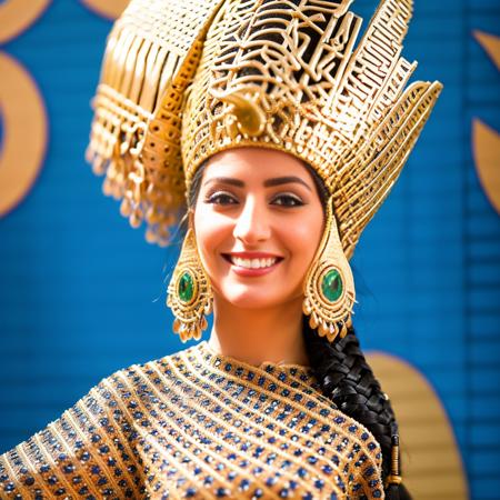 close-up shot create a surrealistic version of the Babylonian style costume worn by a smiling Arabic woman in the promotional image. Include a long braid, fur collar, and chain around the neck, and incorporate abstract elements that represent the lush garden and green bird. babylon  style,