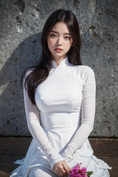 1girl, aodai white, photo art, (flower), <lora:aodai_SDLife_Chiasedamme_v3.0:0.62>, a stunning photo with beautiful saturation, ultra high res,(realistic:1.4)),deep shadow,(best quality, masterpiece), pale skin, dimly lit, shade, flustered, blush, highly detailed, skinny, BREAK depth of field, film grain, wrinkled skin, looking at viewer, knee, warm smile, (upper body), masterpiece,ultra realistic,32k,extremely detailed CG unity 8k wallpaper, best quality, (full body:1.4)