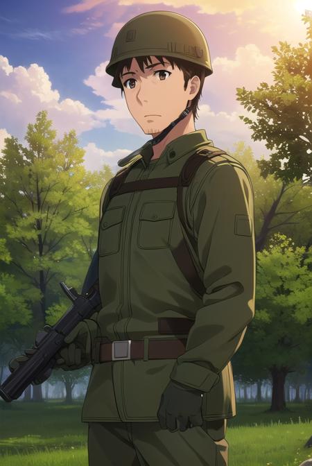 youjiitami, <lora:youji itami s1s2-lora-nochekaiser:1>,
youji itami, brown hair, (brown eyes:1.5), male focus, mature male,
BREAK gloves, uniform, military, military uniform, helmet, headset,
BREAK outdoors, forest, nature, grass, trees, sun, sky, clouds,
BREAK looking at viewer, (cowboy shot:1.5),
BREAK <lyco:GoodHands-beta2:1>, (masterpiece:1.2), best quality, high resolution, unity 8k wallpaper, (illustration:0.8), (beautiful detailed eyes:1.6), extremely detailed face, perfect lighting, extremely detailed CG, (perfect hands, perfect anatomy),