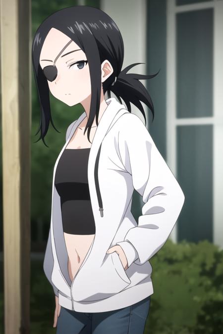 masterpiece, best quality, <lora:kunoichi_aogiri:0.7>  kunoichi_aogiri, 1girl, solo, black eyes, eyepatch, black hair, folded ponytail, looking at viewer,  black hoodie, jeans, delicated ilumination, cowboy shot,