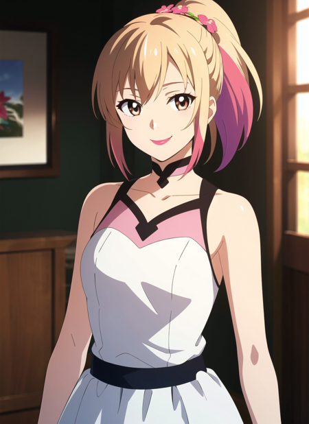 <lora:animemix_v3_offset:1> ,1girl, solo, looking at viewer, brown hair, brown eyes, blurry background, blurry, multicolored hair, ponytail, blonde hair, upper body, dress, flower, bare shoulders, smile, lipstick, closed mouth, anime coloring, ((masterpiece))