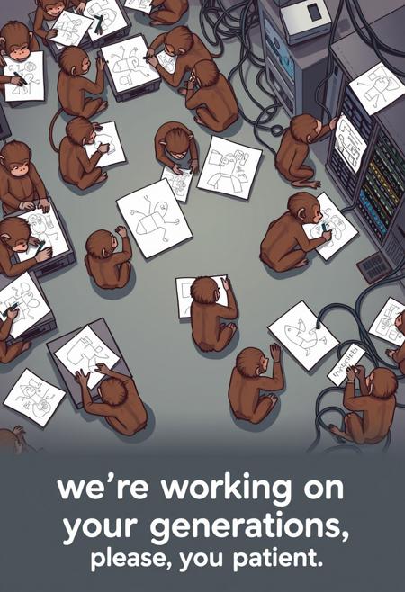 an aerial view of 1000 monkeys drawing on paper sheets while others scan the drawings onto a computer, while other group of monkeys tries to fix the ethernet cables of a computer server rack, at the bottom of the image the text "we're working on your generations, please be patient", cartoonish style