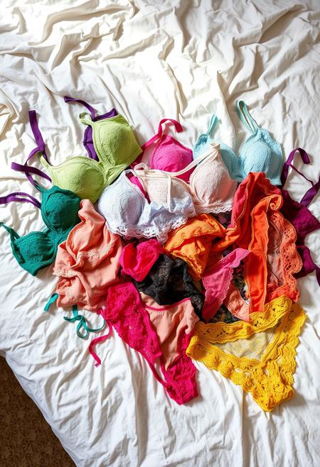 A side view of a bed with a disordered pile of colorful women's lace lingerie casually thrown onto the surface. The bed is unmade, with soft, crumpled sheets beneath the lingerie, adding to the relaxed, natural look of the scene. Various pieces, including bras, panties, and thongs, are visible, each in different colors, creating a vibrant mix of shades and intricate lace patterns. The soft, natural lighting casts gentle shadows across the bed, highlighting the diversity of colors and the delicate textures of the fabrics. The overall atmosphere is intimate, with a playful and visually rich composition.