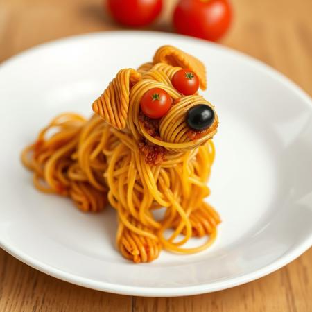 a cute little dog made completely out of spaghetti bolognese with eyes made out of tomatoes, standing on a plate