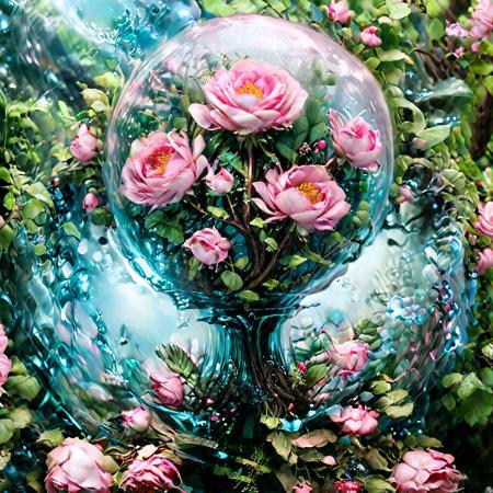 a vase filled with pink flowers sitting on top of a table, award-winning fantasy art, glass ball, mana blast, ad image, peaceful lushious forest, rendering a blue rose,  berries, kingdom of elves, detailed  n 9, within radiate connection, clean image, digital painting | intricate