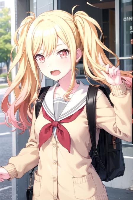 <lora:TenmaSaki-03:0.75>, 10ma_s, 1girl, solo, long hair, open mouth, blonde hair, red eyes, long sleeves, hair between eyes, twintails, school uniform, collarbone, upper body, pink hair, sidelocks, serafuku, pink eyes, sailor collar, bag, neckerchief, backpack, cardigan,  red neckerchief, school bag, white sailor collar, yellow cardigan