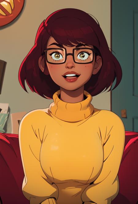 <lora:velma-000004:0.8>, mkvd, 1girl, turtleneck sweater, sweater yellow, happy, looking at viewer