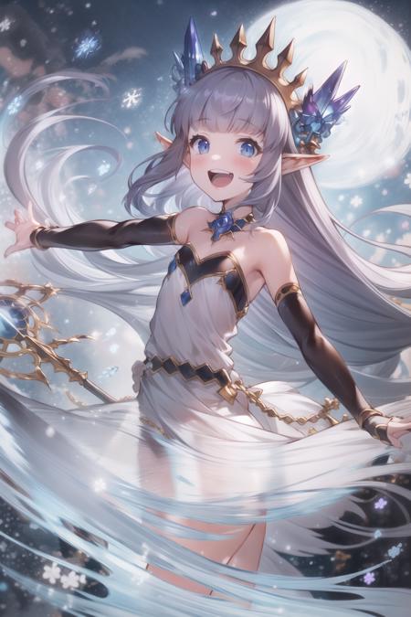 masterpiece,best quality,detailed, <lora:lily-Counterfeit-V3.0:1>, solo, 1girl, field of deapth, lily_\(granblue_fantasy\), granblue fantasy, pointy ears, shilver hair, very long hair, blunt bangs, (hair ornament:0.9), blue eyes, small breasts, collarbone, outstretched arms, white dress, skirt, black thighhighs, black elbow gloves, smile, looking at viewer, winter, holding staff,