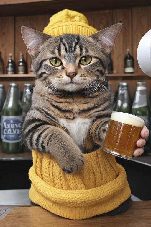 Beer-drinking Cat, Beer, Wearing Yellow beanie,
