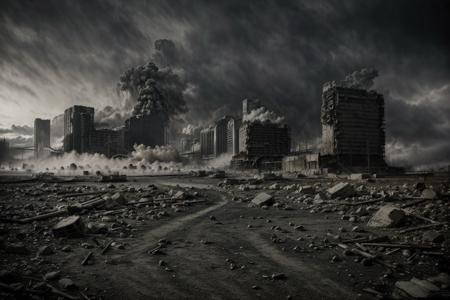 a professional landscape photo of large city ruins in postnuclear winter, smoke, dramatic, gloomy, dark, scary, master piece, soft light, ultra detailed, ultra high quality, sharp focus, 8k uhd, dslr, soft lighting, high quality, 25mm f1.4, film grain, fujifilm xt3, by  Roman Robroek  <lora:XSArchi_135Ruins sceneåºå¢åºæ¯:1>