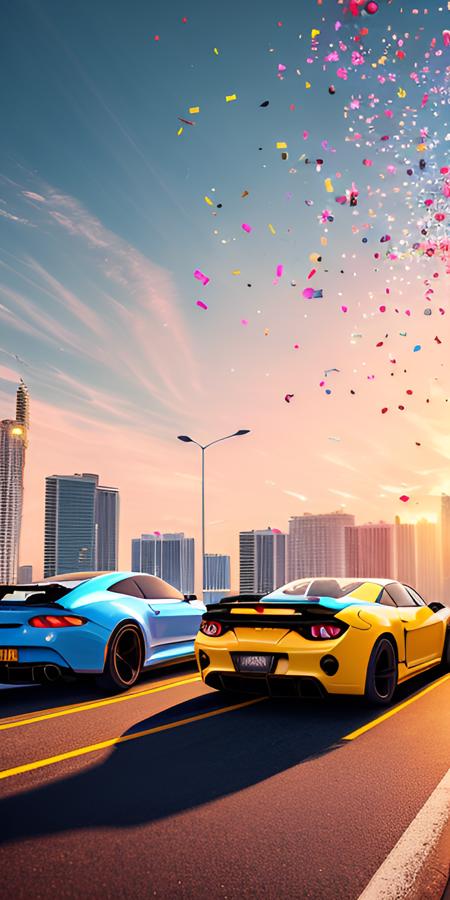 bright sunny day beautiful cloudy sky sunset jet ski racing down cyberpunk Miami city sea neon signs and crowds confetti debris dust wind volumetric fog exciting epic action camera, (masterpiece:1.2) (photorealistic:1.2) (bokeh) (best quality) (detailed skin) (intricate) (8k) (HDR) (cinematic lighting) (sharp focus) (beautiful water)