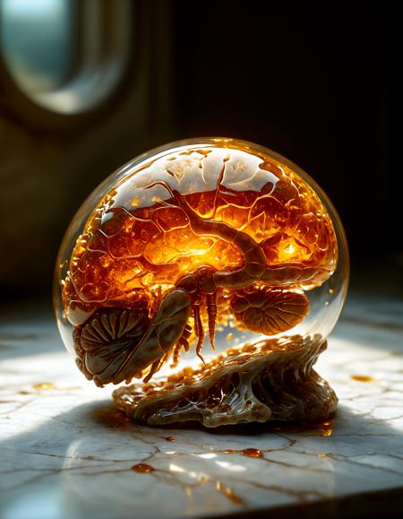 improved cinematic photo, 35mm photograph, film, professional, 4k, highly detailed, An amber fragment enclosing a Human Brain, The amber fragment is a smooth, slightly irregular sphere, roughly the size of a marble, with a warm golden-brown hue. Its surface is polished, gleaming softly under light, revealing a mesmerizing play of golden, honey, and orange tones. Tiny air bubbles and organic inclusions are scattered throughout, lending it a sense of antiquity and natural complexity. Inside, a perfectly preserved Human Brain lies suspended in time, its delicate body encased in the translucent amber. Around the Human Brain, subtle striations and minute organic fragments, possibly plant material or dust, create a vignette that frames the insect. The amberâs clarity varies in places, with some sections slightly cloudy, further accentuating the Human Brain as the focal point. The fragment feels timeless, a tiny time capsule offering a glimpse into a prehistoric world millions of years ago <lora:add-detail-xl:1.0><lora:aidmaMidjourneyV6.1-v0.1:0.9><lora:SDXLFaeTastic2400:0.8>