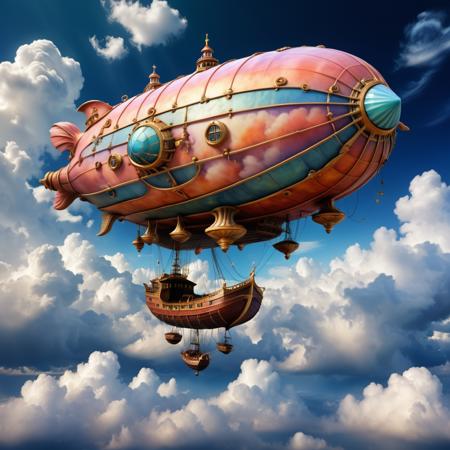 airship in the sky, whimsical clouds, amazing depth, strange atmosphere   <lora:hyperkraximalism_v1-1:0.3>
