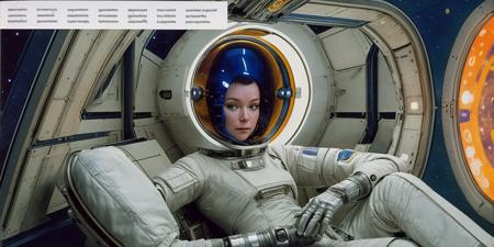 woman wearing a spacesuit with helmet, painted, (inside a spaceship:1.3), beautiful woman,  cover of a magazine, on the cover of a 1980s science fiction magazine by noriyoshi ohrai, syd mead, Robert mcguiness, focus on model, looking at viewer, (exhausted:1.3)