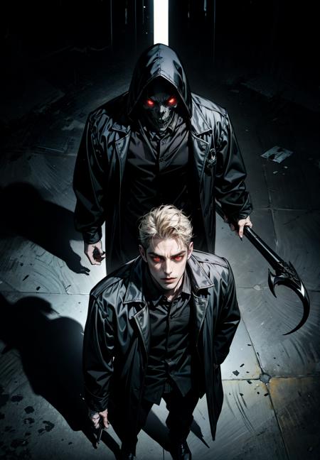 (2male),gay male, Grim reaper, black clothes, red eyes , From above ,insanevoid, glowing eyes, extra eyes, horror \(theme\)