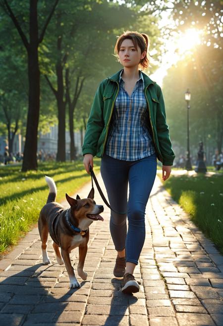 a young european woman, chubby, oval face, brown round eyes, snub nose, double chin, small lips, short brown hair, ponytail,
tight jeans, blue and white plaid shirt, green jacket, walking her dog, sunny afternoon, city park,
dynamic angle, hot summer evening, sunset, golden hour,
shallow depths of field,, masterpiece, 8k, ultra high res, ultra high detail, best quality, ultra detailed, realistic, highly detailed, trending artstation, award winning photograph by annie leibovitz, closeup photo, realistic, greg rutkowski, michael bayardashida, gustave dore alphonse, much craig mullins, matte painting, eugene de blake, cinematic, studio lighting, hyperrealistic, depth of field, bokeh, dof, beautiful, detailed, intricate, elegant, extremely smooth, digital illustration, epic conceptart, rendering, misty light, novel cover artwork, octane render, pixiv contest winner, yusuke murata,