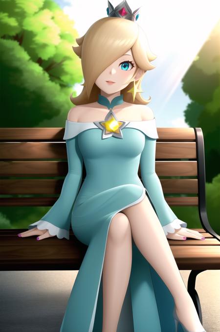 (masterpiece), high quality, (detailed background), 1girl, solo,
<lora:Rosalina-v1-05:0.5>, ChopioRosalina, blonde hair, long hair, curly hair, hair over one eye, blue eyes, lips, eyelashes, earrings, pink nails, (looking at viewer:1.3),
mature female, medium breasts, 
crown, gem,
outfit_1, aqua dress, off-shoulder dress, bare shoulders, star brooch, long sleeves, wide sleeves, frilled sleeves,
outdoors, sunny, light rays, lens flare, depth of field, bokeh,
standing, smile, bench, sitting, crossed legs,