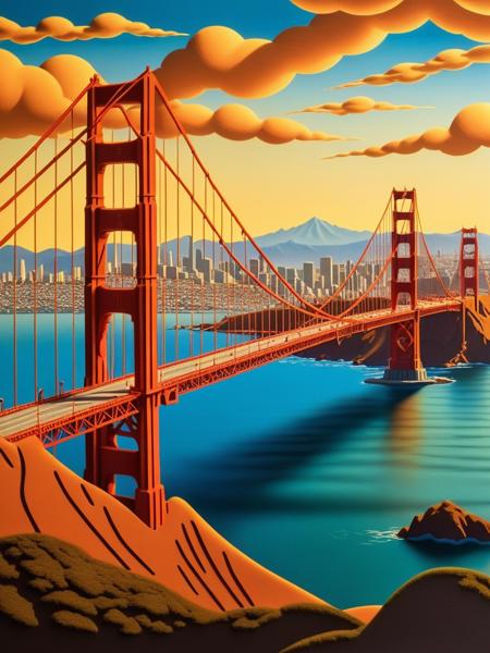 <lora:06NatureArt_Hap_XL:3.9>, Albert Bierstadt style, 3d papercuts view of San Francisco Golden Gate bridge and city of San Francisco at sunset, in the style of surrealistic cartoons, detailed shading, realistic landscapes with soft, tonal colors, swirling vortexes traditional, vibrant,
