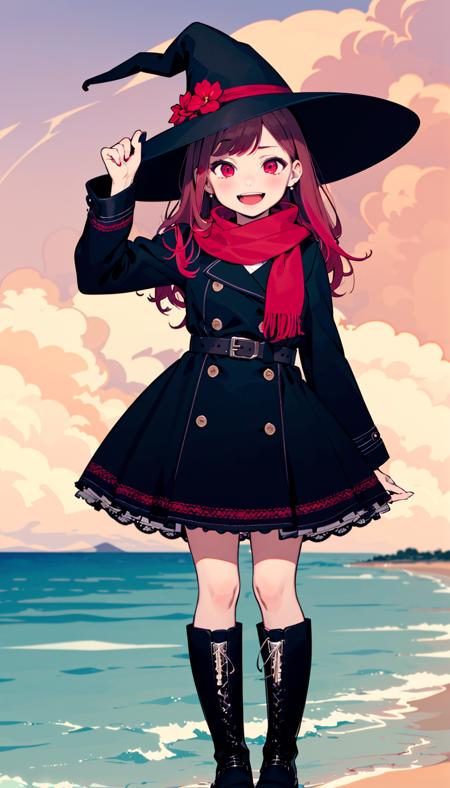 1girl,solo,boots,hat,long hair,flower,scarf,long sleeves,holding,full body,witch hat,looking at viewer,standing,black headwear,outdoors,bangs,black footwear,traditional media,dress,coat,smile,cloud,pink hair,red eyes,hand up,hat flower,pink flower,red scarf,open mouth,pink eyes,water,black dress,knee boots,frills,cross-laced footwear,puffy sleeves,parted lips,puffy long sleeves,blush,ocean,black coat,lace-up boots,belt,jacket,sky,bow,skirt,black skirt,frilled dress,red flower,red hair,cloudy sky,signature,brown hair,horizon,hatching (texture),