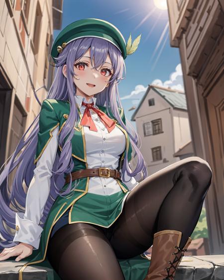 best quality, (masterpiece:1.2), illustration, absurdres,
(1girl, solo), (beautiful detailed girl),
<lora:Aeolia-07:0.7>, Aeolia, lilac hair, long hair, red eyes, medium breasts,
 green hat, hat with feather ornament, green dress, green coat, 
green outfit, black_pantyhose, white shirt, brown shorts, fleece lined boots, brown boots,
inside middle eastern town, middle east, bazaar, cobblestone street,  sky, sun, day,,
spread legs,,
from below,
looking at viewer, happy