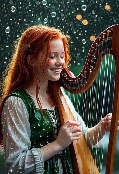 lazypos, highly detailed and hyper realistic, dynamic lighting, play of light, reflection, refraction, Raytracing, smiling redhead girl in Irish clothes plays harp made of raindrops, under the rain, depth of field, bokeh, tearStyle2