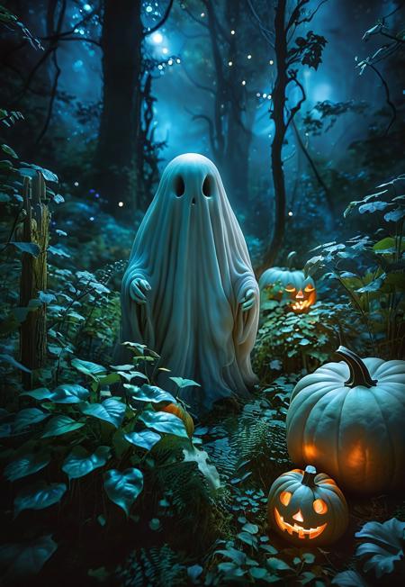 Charming ghost, photorealistic, woodland scene, detailed plants, dim lighting, whimsical ambiance, ultra-high resolution, natural colors, cinematic shot, close-up view, medium shot, wide-angle view, low-angle shot, high-angle shot, expressive eyes, smooth textures, gentle glow, magical atmosphere, balanced composition, dynamic flow, peaceful vibe, enchanted forest, at night, halloween, pumpkins, candles,
 <lora:zavy-cntrst-sdxl:1> dark, chiaroscuro, low-key  <lora:SDXLHighDetail_v5:1> <lora:dark_weather:1>