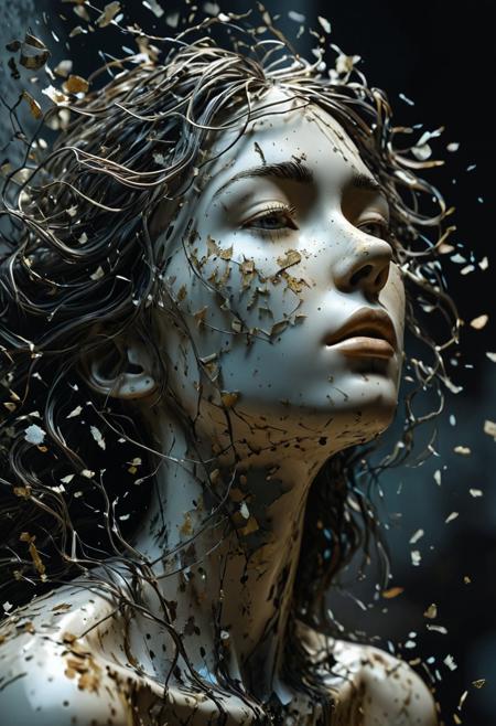 A sculpture portrays a woman appearing to be in a state of distress or deep contemplation. Her face seems to disintegrate, with pieces of her skin and features scattering into the atmosphere. The statue is bathed in dramatic lighting from above, accentuating the scene's intensity. The backdrop is dark, drawing focus to the sculpture and the fragmentation effect. The woman's hair cascades down, and her pose implies she is holding or cradling her face.