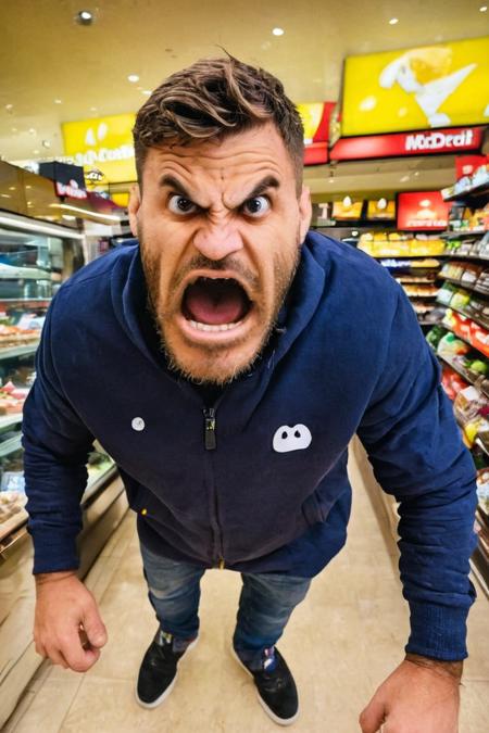 photo full body shot of<lora:Rythmind_Loïc Barcourt_v4Final_hash:1> Loïc Barcourt with a angry expression rage face inside a MacDonald store <lora:rage-000021:0.45>