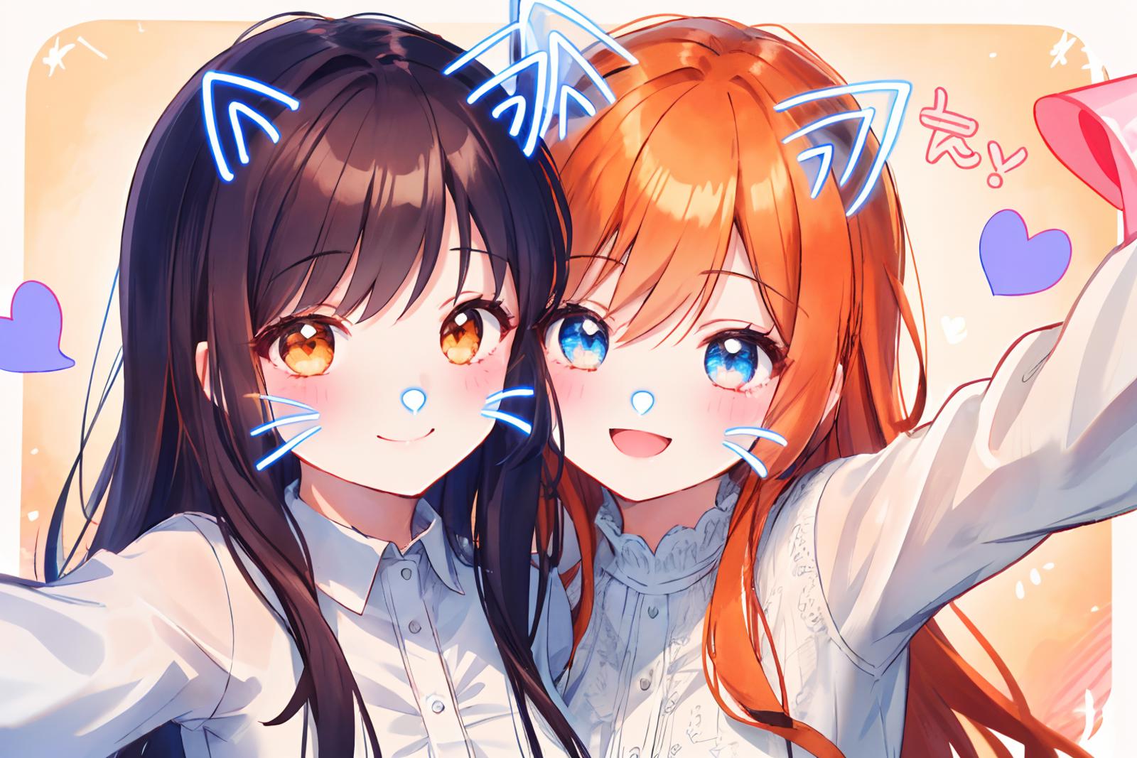 Two girls wearing cat ears and smiling at the camera.