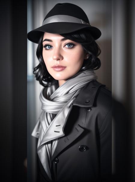 silvershroud, black hat, gray scarf, long black coat, black gloves, black pants, black shoes,