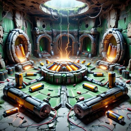 a forgotten coliseum where robots duel for stored charge, arena floor paved with spent batteries, neon signage blinking in forgotten scripts, crowds of broken units watching silently, electric vines growing from the walls, B4TT3R13S, made of batteries