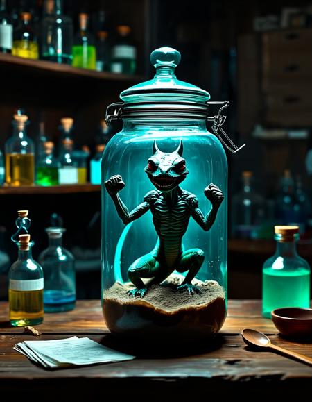 A high-resolution photograph featuring a surreal, horrific anthropomorphic reptilian creature with one hand making a fist and raising the fist in frustration at the viewer. inside a large, glass jar with a metal lid and wire lock , in a the dark laboratory of a human mad scientist from 1955, orderly but full shelves line the walls with inscrutable tools and jars and test tubes filled with odd colored fluids and small alien objects. Jar of monsters in the foreground and lab space in the background. lum1