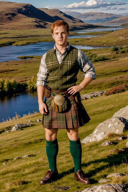 standing on a hill in the Scottish Highlands, a valley with a loch below in the background, BluKennedy is dressed in a green plaid kilt, kilt shirt, sporran, long highland socks, plaid socks, Ghillie shoes, masterpiece, (((full body portrait))) , wide angle   <lora:BluKennedy-000008:0.8>