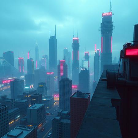 Cyberpunk city, retrowave, building ledge, megalopolis city in the background, tall buildings,