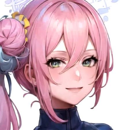 1girl, mika \(blue archive\), pink hair, smile, halo,  long hair, double bun,   solo, portrait,  <lora:futurefight:1> <lora:misonoMikaBlueArchive_v01:1>