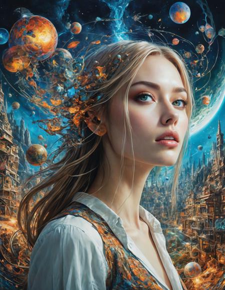 Generate a vivid photorealistic description of a lost girl navigating a mind-bending fantasy world where nothing is as it appears. In this realm, the ordinary laws of physics are distorted, turning up into down, left into right, and every facet of reality into a surreal and perplexing experience. The description should immerse the reader in this hyperdetailed world, allowing them to explore its intricate landscapes and discover the hidden mysteries within. Additionally, emphasize the girl's detailed skin, portraying it in such a way that even the pores and fine nuances are visible. This vivid depiction should convey the sense of wonder, bewilderment, and surreal beauty that permeates this fantastical journey through an otherworldly dimension